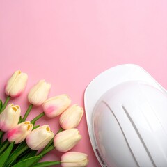 Tulips and Hard Hat Symbolizing Women in Construction and Spring.