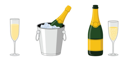 Champagne bottle in ice bucket with two flutes of champagne