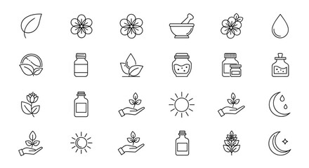 Thin line icons set of natural elements, herbs, flowers, leaves, essential oils, natural medicine, organic wellness, sun and moon symbols, herbal care and nature concept