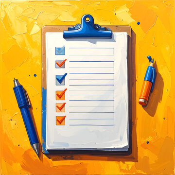 Illustrated Clipboard with Checklist and Abstract Yellow Background
