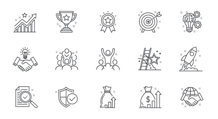Business success and achievement line icons. Includes concepts for growth, startup, teamwork, strategy, goals. Trophy, target, rocket, innovation, investment, security.