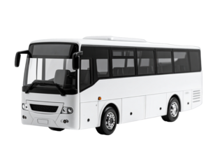Clean white bus, windows dark, seen from side