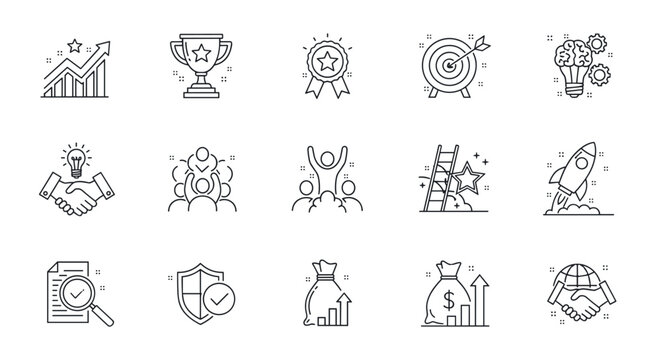 Business success and achievement line icons. Includes concepts for growth, startup, teamwork, strategy, goals. Trophy, target, rocket, innovation, investment, security. - Powered by Adobe