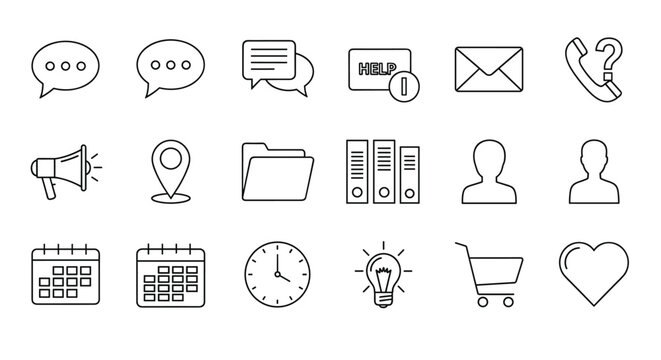 Universal thin line icons set for web design, mobile app, and business. Collection of linear pictograms: chat, email, help, location, calendar, user profile, and shopping cart.