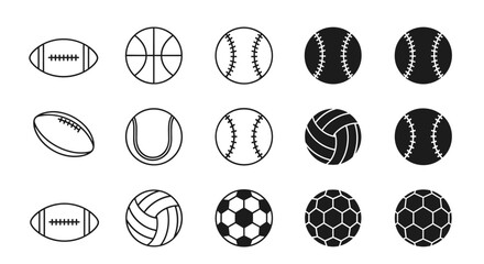 Sport balls icon set collection. Vector line art and glyph icons. Football, basketball, baseball, tennis, soccer, volleyball. Sport equipment graphic element for web and print design.