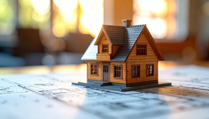 Miniature house model on architectural blueprints symbolizing home design and planning.