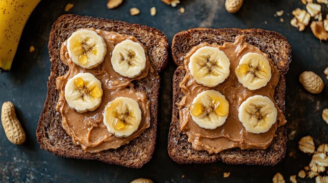 Two peanut butter toasts topped with sliced banana