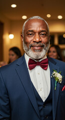 Smiling elderly African American man in suit with bowtie at formal event