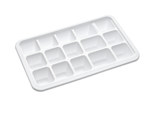 Empty white ice cube tray, tilted view, on black background