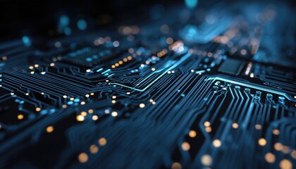 Dark Blue Abstract Circuit Board Or Motherboard: Perfect For Abstract Technology, Communication, And Futuristic Designs. High-Tech Digital Aesthetics In A Dark Blue Color Palette.