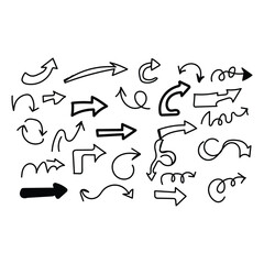 Collection of hand drawn doodle arrows and swirls in black and white on a white background