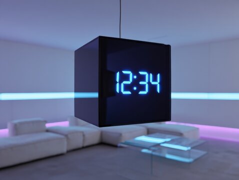 Modern Living Room with Floating Cube Digital Clock Displaying Time