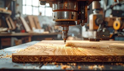 Precision CNC router bit carving intricate design into wood panel in workshop.