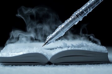 Icy Pen Hovering over an Open Book Surrounded by Frost and Vapor on Black