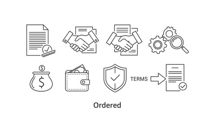 Business contract and agreement icon set. Line icons for terms and conditions, financial deal, partnership handshake, payment security, and legal document analysis vector.