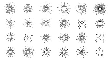 Big vector set of sunburst and starburst line icons. Collection of sparkle, glitter, and twinkle shapes. Light ray and firework burst elements for design. Star flashes.