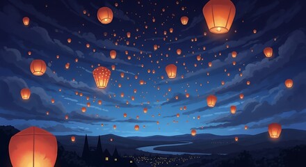 Enchanting Night Sky Illuminated by Numerous Glowing Orange Sky Lanterns Floating Above a Serene Landscape.