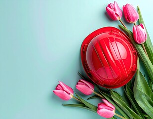 Elegant Red Sphere Dessert with Pink Tulips on Blue Background.