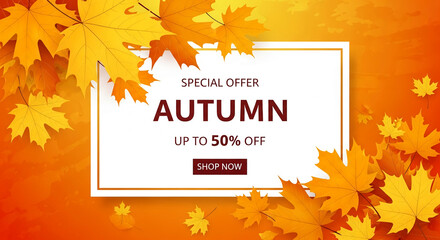 Autumnal maple foliage border a white frame. It represents a seasonal offer, promoting sales and discounts for the autumn season and commercial activity