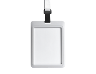Blank badge holder hanging on a white lanyard