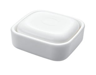 White square box with curved lid, sitting in a tray