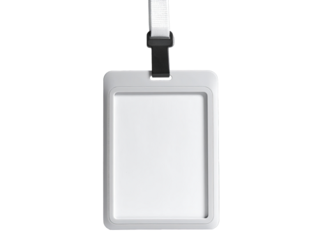 Blank badge holder hanging on a white lanyard