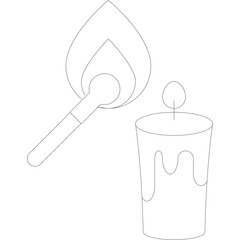 Outline of a Lit Match Igniting a Dripping Candle on a Transparent Background with Dotted Lines Representing Flame and Wax Melts Creating a Subtle Winter Theme