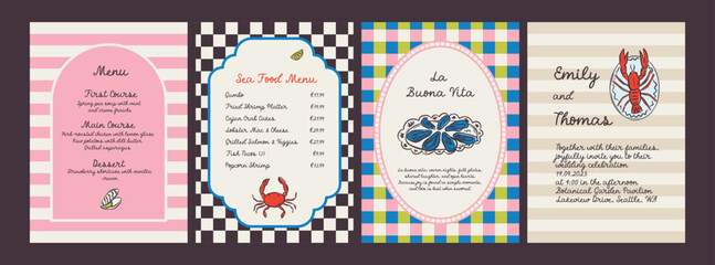 Whimsical hand drawn sea food poster and menu template in trendy whimsical style. Perfect doodle for quirky italian dinner  restaurant and cafe, kitchen wall art, poster,  party, birthday, sign