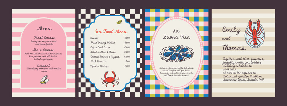 Whimsical hand drawn sea food poster and menu template in trendy whimsical style. Perfect doodle for quirky italian dinner  restaurant and cafe, kitchen wall art, poster,  party, birthday, sign
