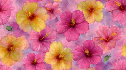 Seamless pattern of Hibiscus rosa-sinensis with pink and yellow tropical watercolor blooms on a soft pastel pink background, vibrant exotic floral wallpaper design