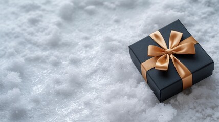 Anthracite Gift Box with Golden Satin Bow on Glittering Icy Snow