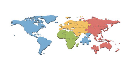 Obraz premium A world map made of colorful interlocking jigsaw puzzle pieces, symbolizing global connection and unity.