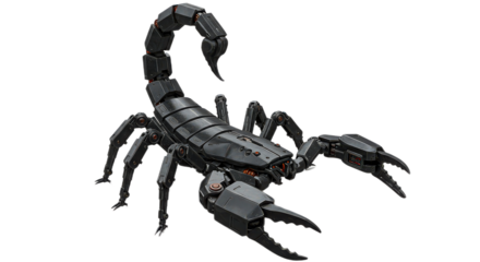 A powerful robotic scorpion with sharp claws and a deadly stinger isolated on transparent background