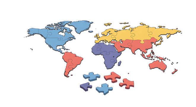 A colorful world map jigsaw puzzle with continents as pieces and some parts detached. - Powered by Adobe