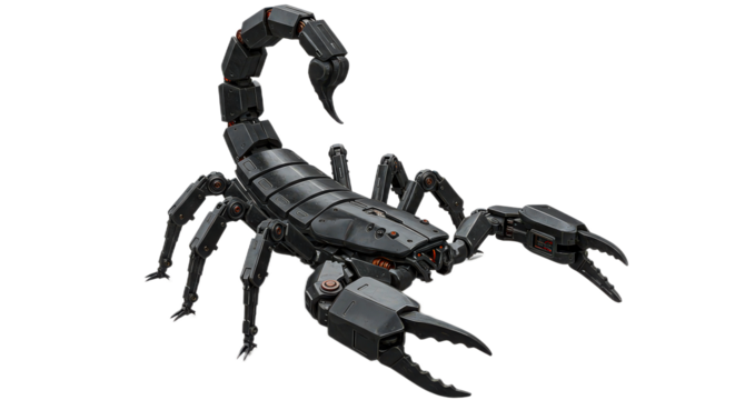 A powerful robotic scorpion with sharp claws and a deadly stinger isolated on transparent background