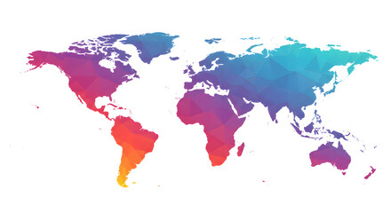 A colorful, low-polygon world map illustration showcasing continents with a gradient of vibrant hues from orange and red to purple and blue.