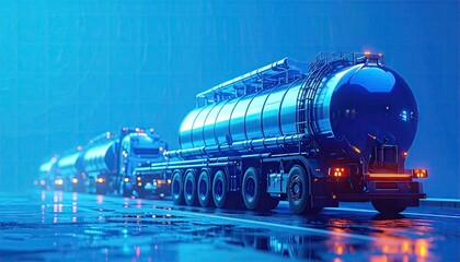 Modern tanker truck convoy driving on wet road with blue lighting.