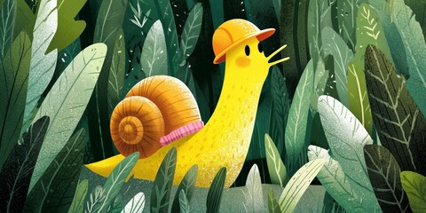 A cartoonish yellow snail dons a vibrant hat, surrounded by abundant green foliage, creating a playful and adventurous scene.