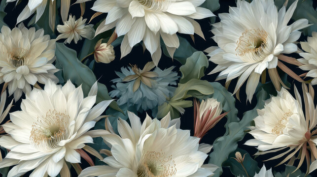 Seamless pattern of Jungle Cactus (Epiphyllum oxypetalum) with large white night-blooming flowers and soft green foliage on a dark background, elegant tropical botanical wallpaper design