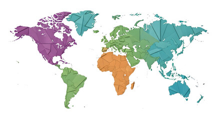 World map illustration with continents colored in distinct shades and textured with triangle patterns on a white background.