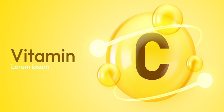 Vitamin C supplement concept with glossy yellow spheres and molecular structure. Vector illustration