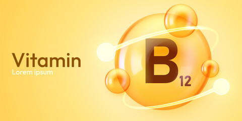 Vitamin B12 supplement concept with glossy yellow spheres and molecular structure. Vector illustration © hobbitfoot