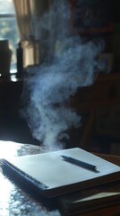 Steaming Notebook with Pen on Wooden Desk Near Window Relaxing Study