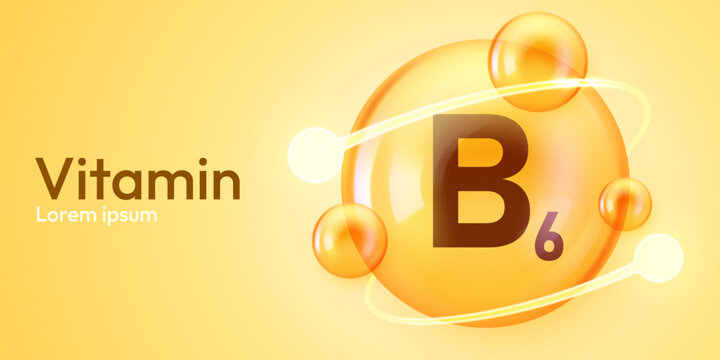 Vitamin B6 supplement concept with glossy yellow spheres and molecular structure. Vector illustration