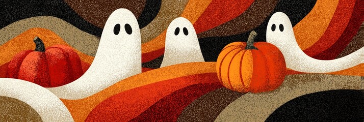 A colorful illustration featuring friendly ghosts among orange pumpkins, set against a swirling autumn-themed background.