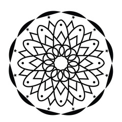 Intricate black and white mandala design with geometric floral patterns and symmetrical radial symmetry