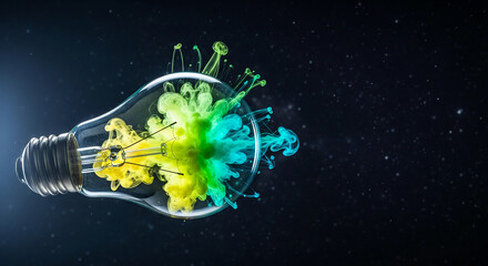 Illuminated light bulb with colored ink swirl, representing creativity and innovation, floating against a dark starry background, implying cosmic thought