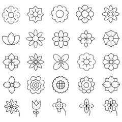 Flowers line icons set isolated on white background. Outline signs for floral. Spring flower icon set. Garden plants illustration sign collection. Beautiful symbol. Vector illustration.