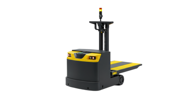 Automated guided vehicle isolated on transparent background is ready to transport goods in a warehouse