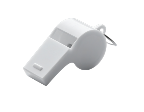 White plastic whistle, metal loop, floating on black void